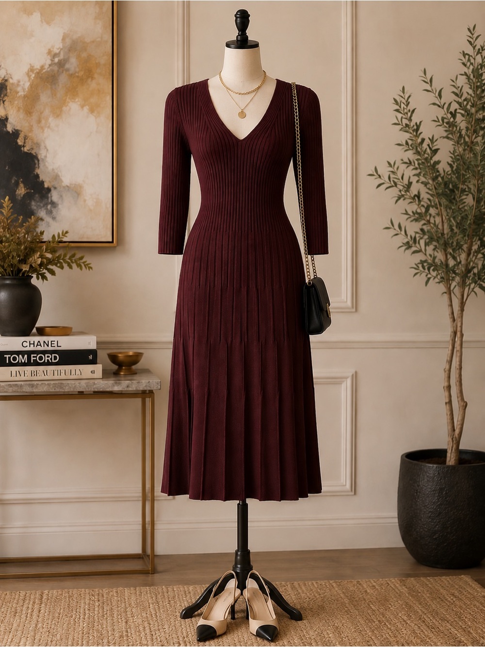 Wolford Elegant Burgundy Knit Midi Dress SZ XS New With Tags